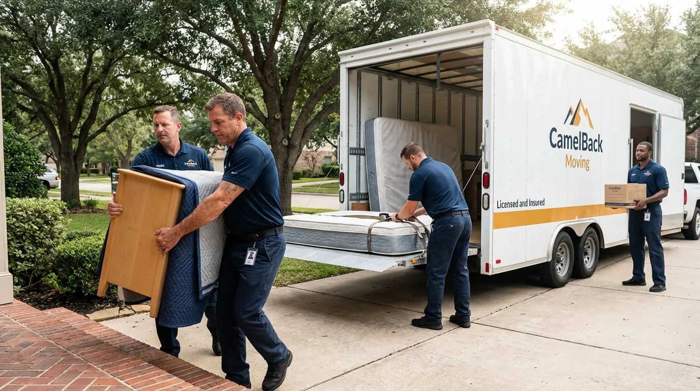 Crew loading residential truck for cross-state move from Bandera, TX