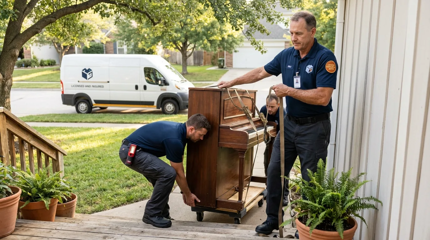 Licensed piano movers securing grand piano in Bandera, TX