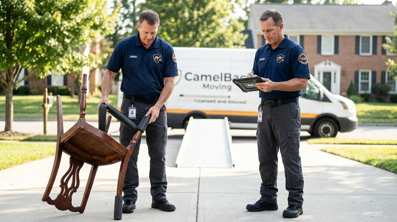 Movers inspecting furniture for damage prevention before loading in Bandera, TX