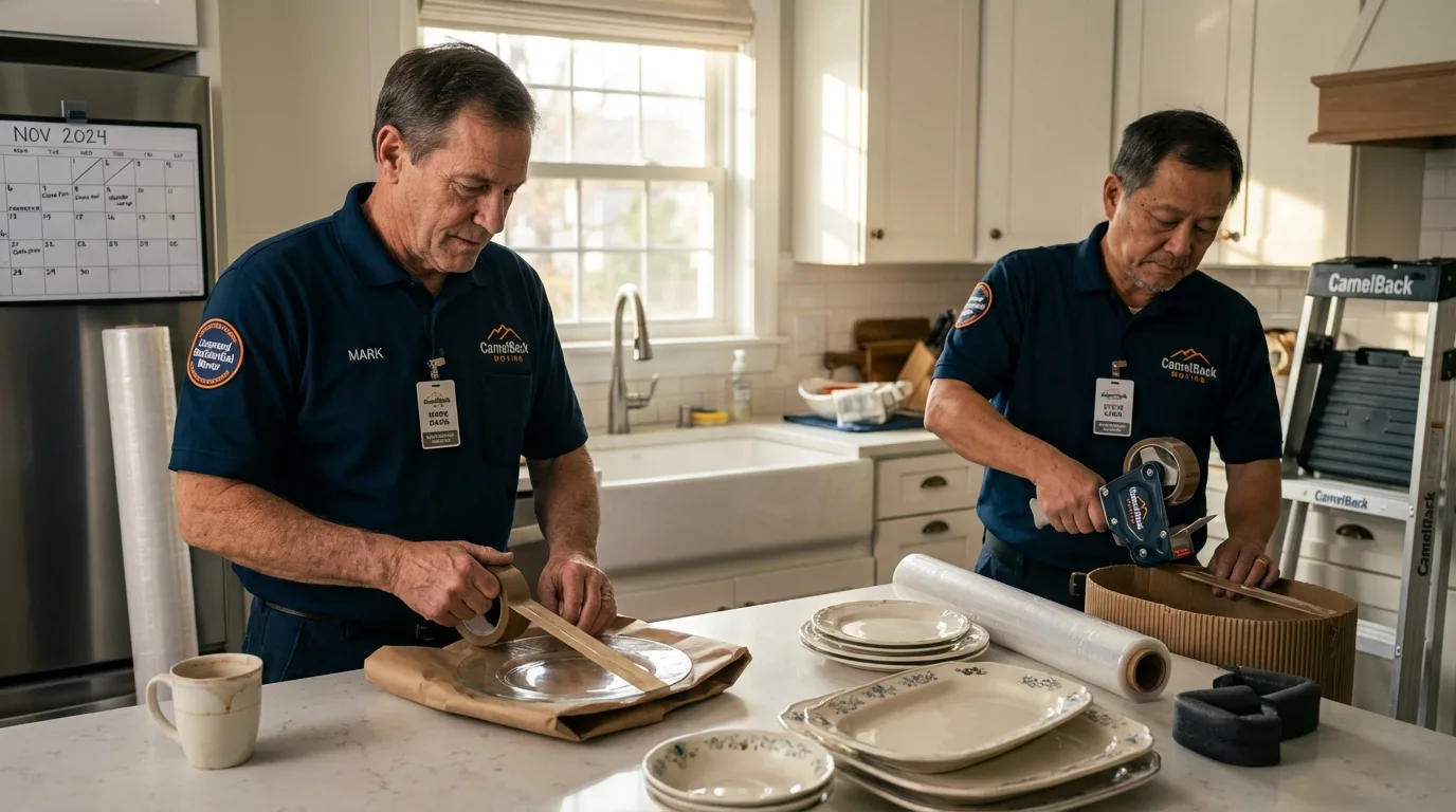 Professional crew packing kitchen dishware in Bandera, TX